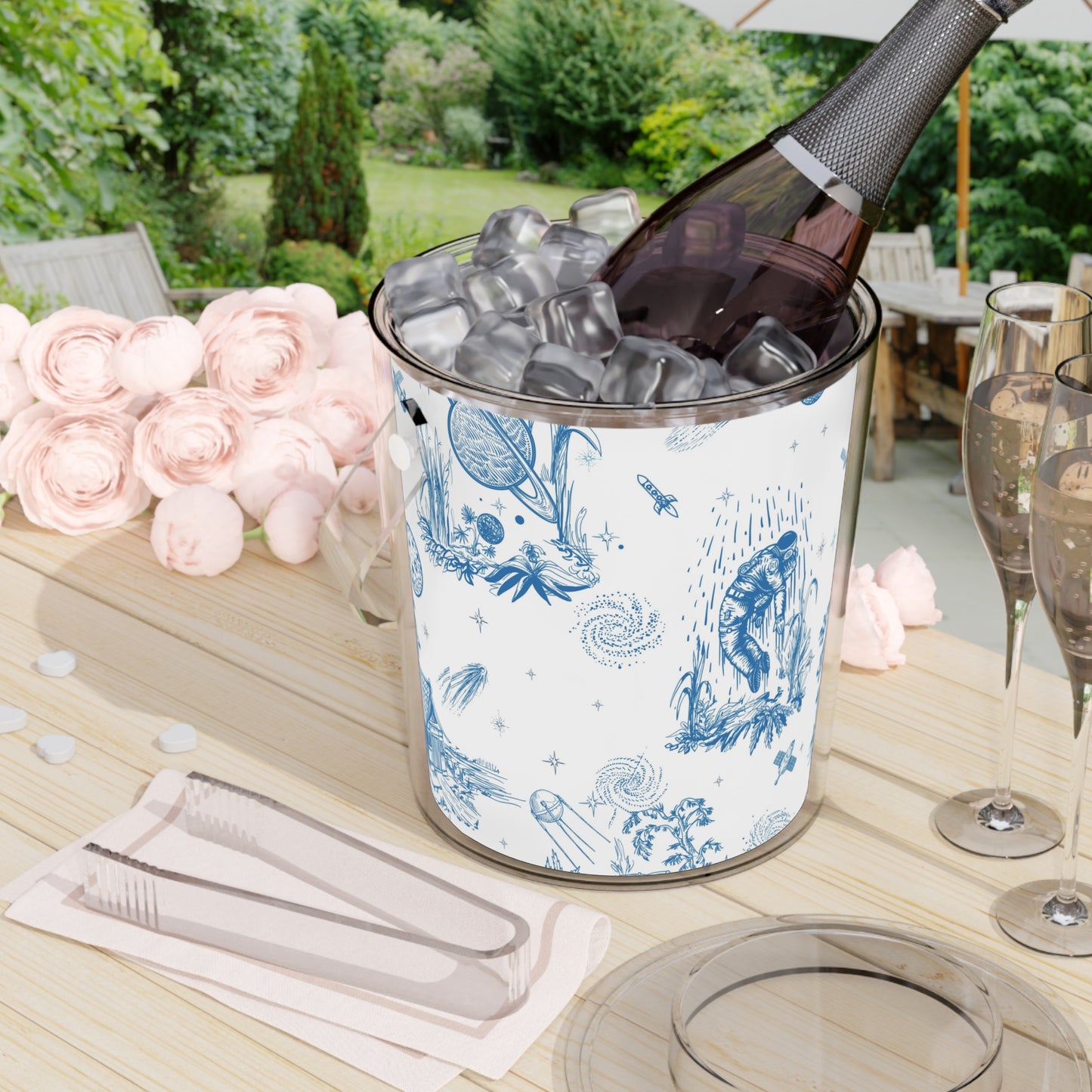 Elegant Blue Space Toile de Jouy Ice Bucket with Tongs - Perfect for Entertaining and Celebrations