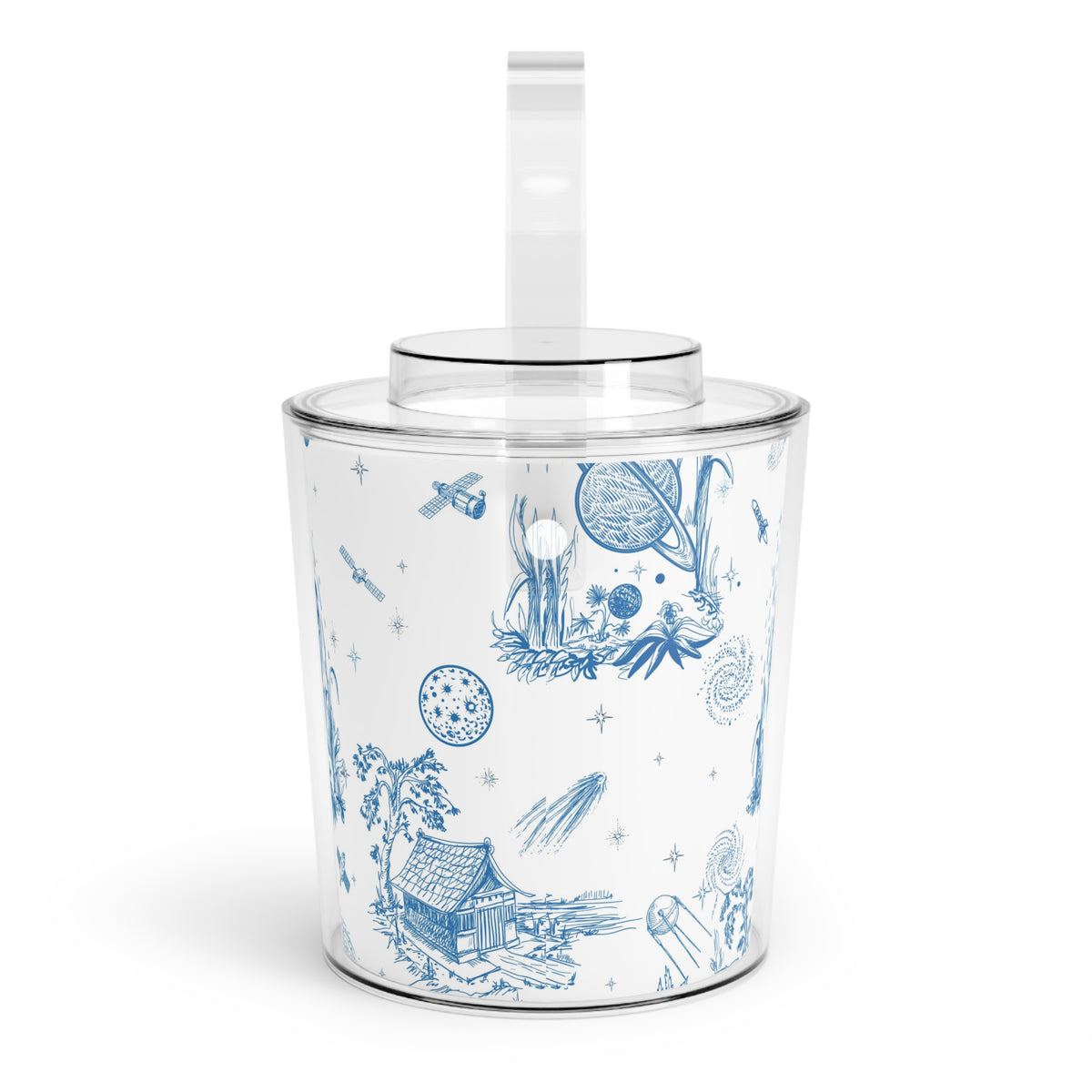 Elegant Blue Space Toile de Jouy Ice Bucket with Tongs - Perfect for Entertaining and Celebrations