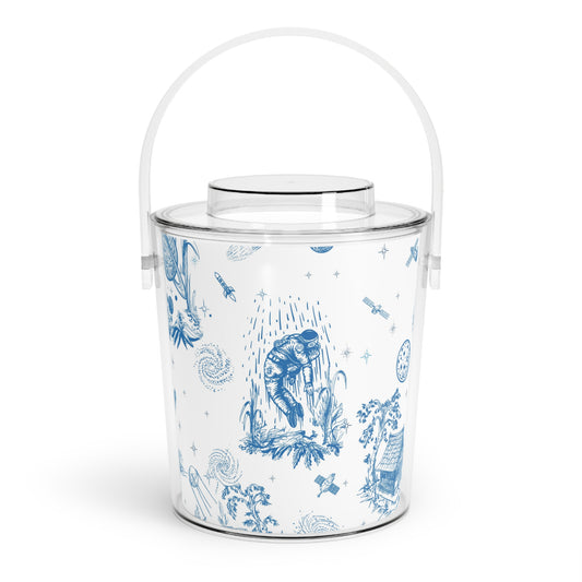 Elegant Blue Space Toile de Jouy Ice Bucket with Tongs - Perfect for Entertaining and Celebrations