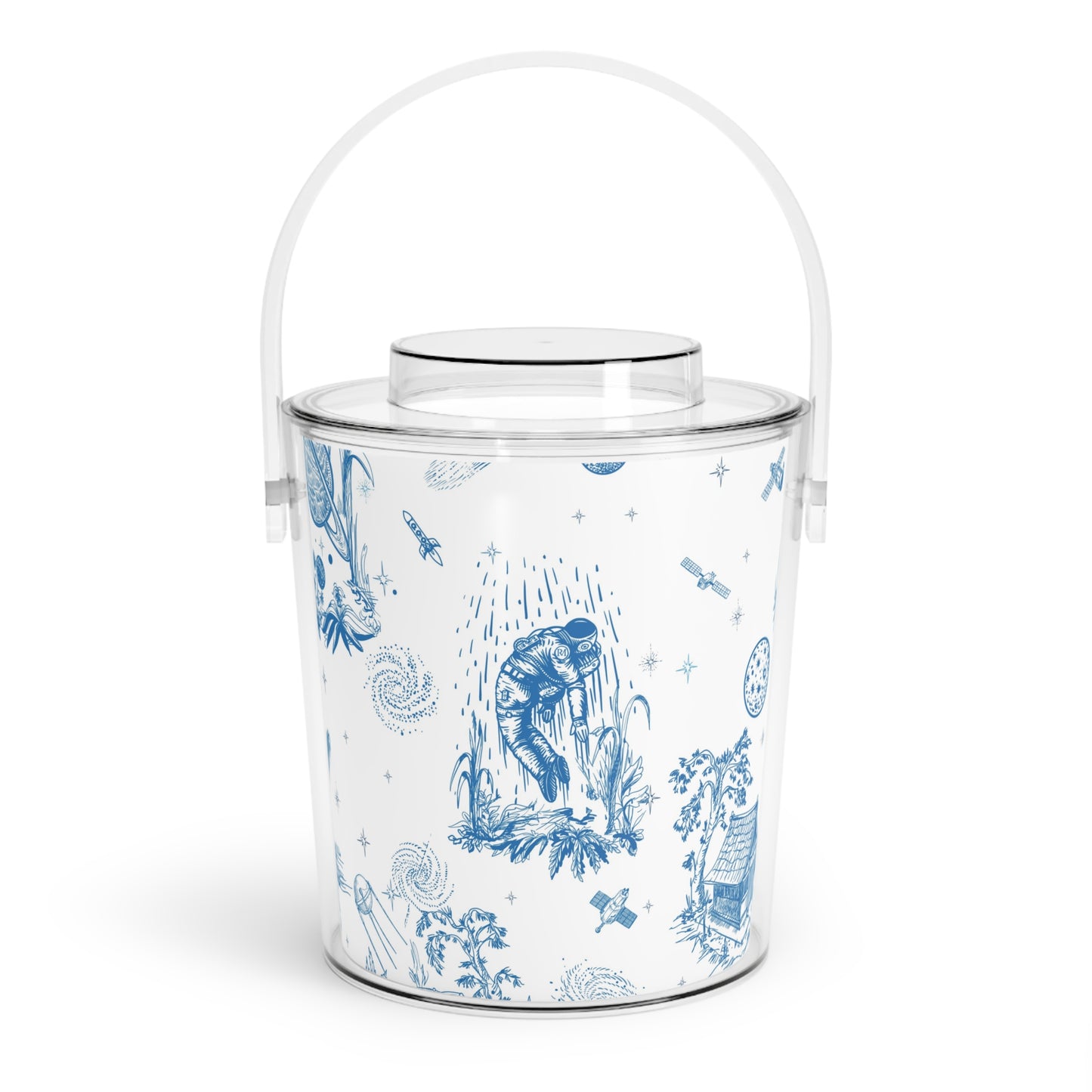 Elegant Blue Space Toile de Jouy Ice Bucket with Tongs - Perfect for Entertaining and Celebrations