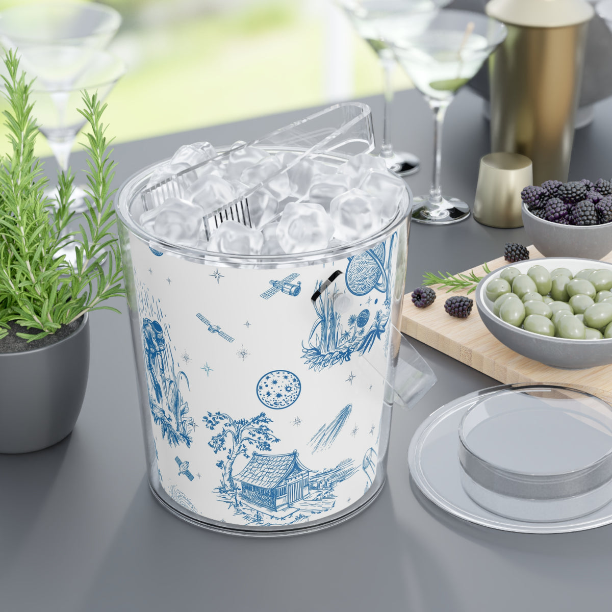 Elegant Blue Space Toile de Jouy Ice Bucket with Tongs - Perfect for Entertaining and Celebrations
