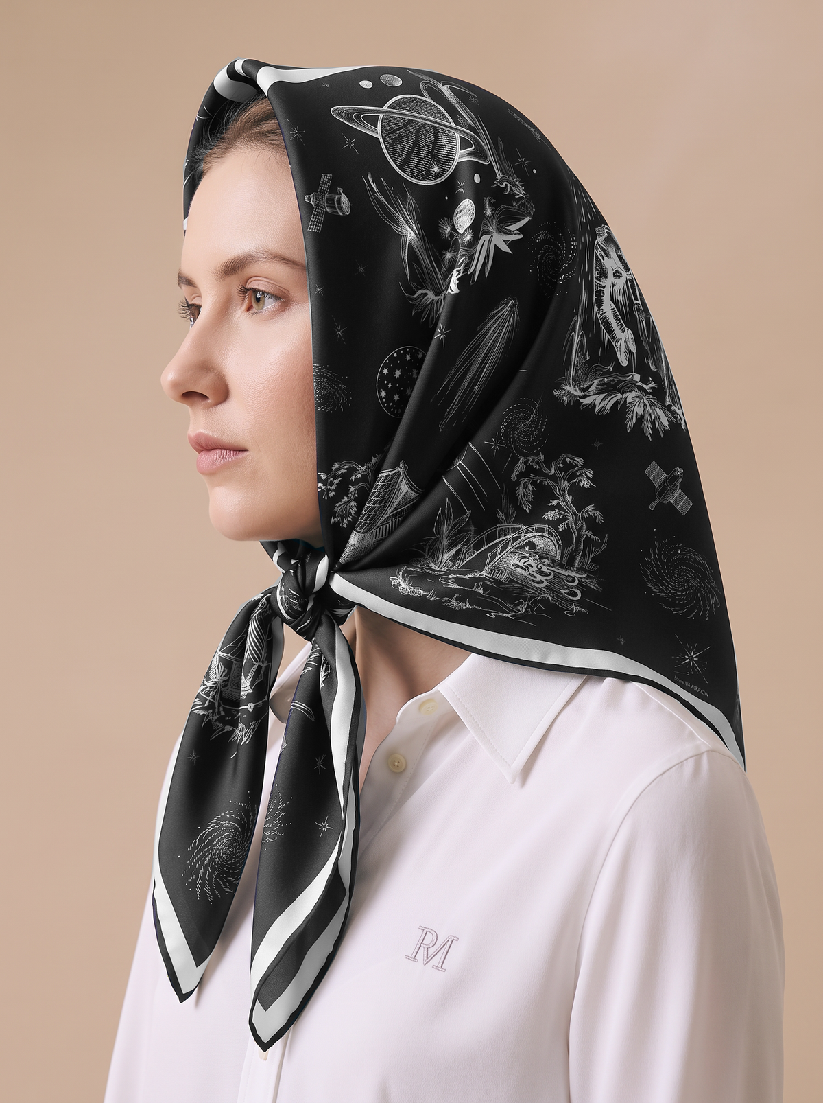 Black Space Toile de Jouy 90cm Silk Twill Scarf