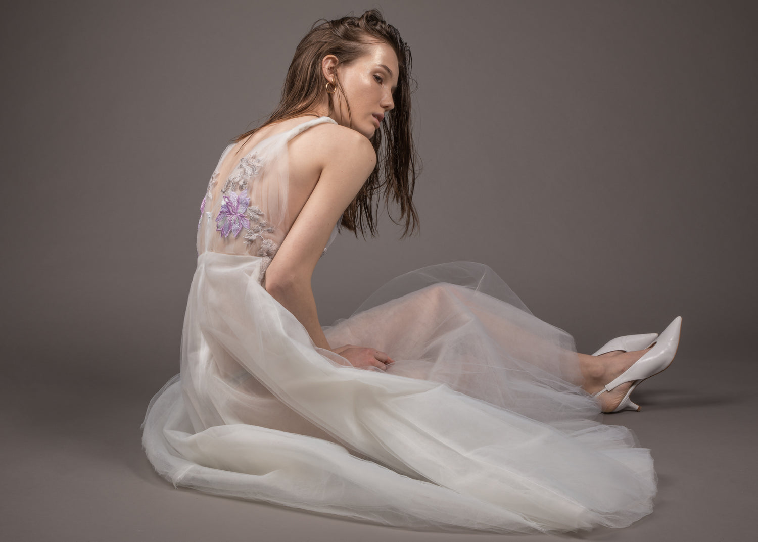 white tulle dress with flower embroidery created in 2018 by Rene Mejia