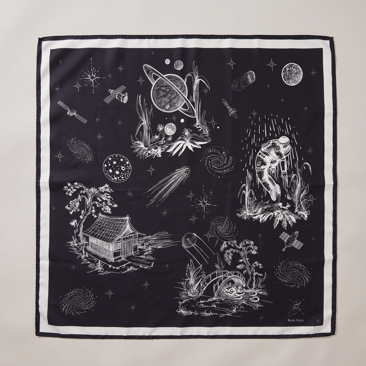 Black Space Toile de Jouy 90cm Silk Twill Scarf