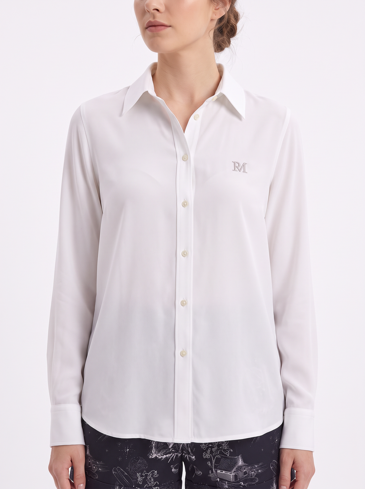 White Crêpe de Chine Embroidered Logo Shirt
